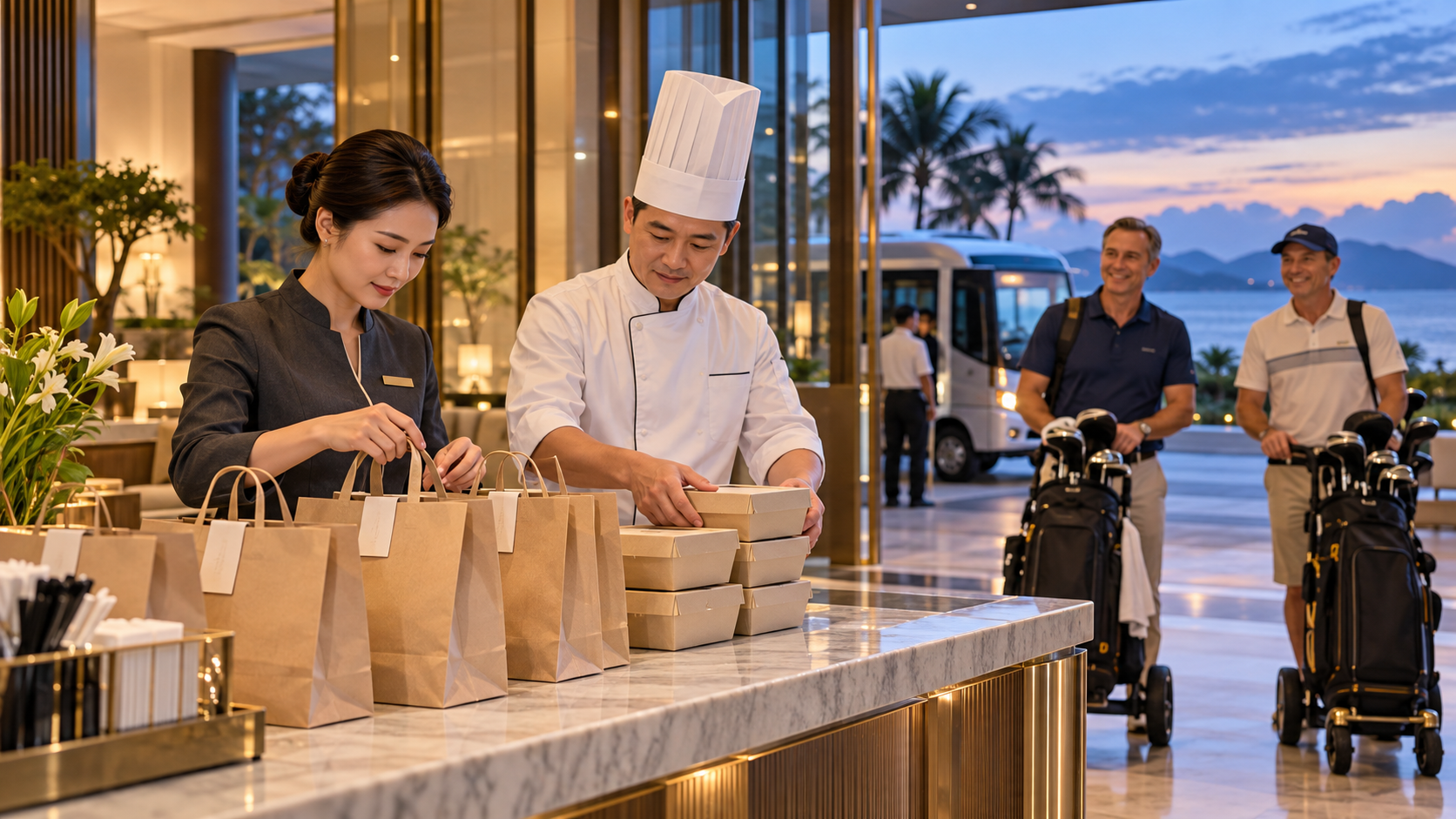 Nhân viên nhà hàng và bếp chuẩn bị bữa sáng mang đi cho khách golf khởi hành sớm.