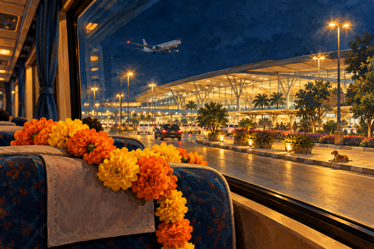 Minh họa đêm đầu ở Delhi với vòng hoa vạn thọ trên xe và sân bay sáng đèn