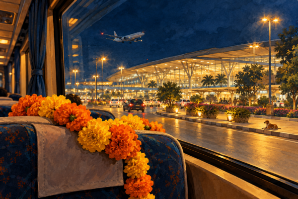 Minh họa đêm đầu ở Delhi với vòng hoa vạn thọ trên xe và sân bay sáng đèn