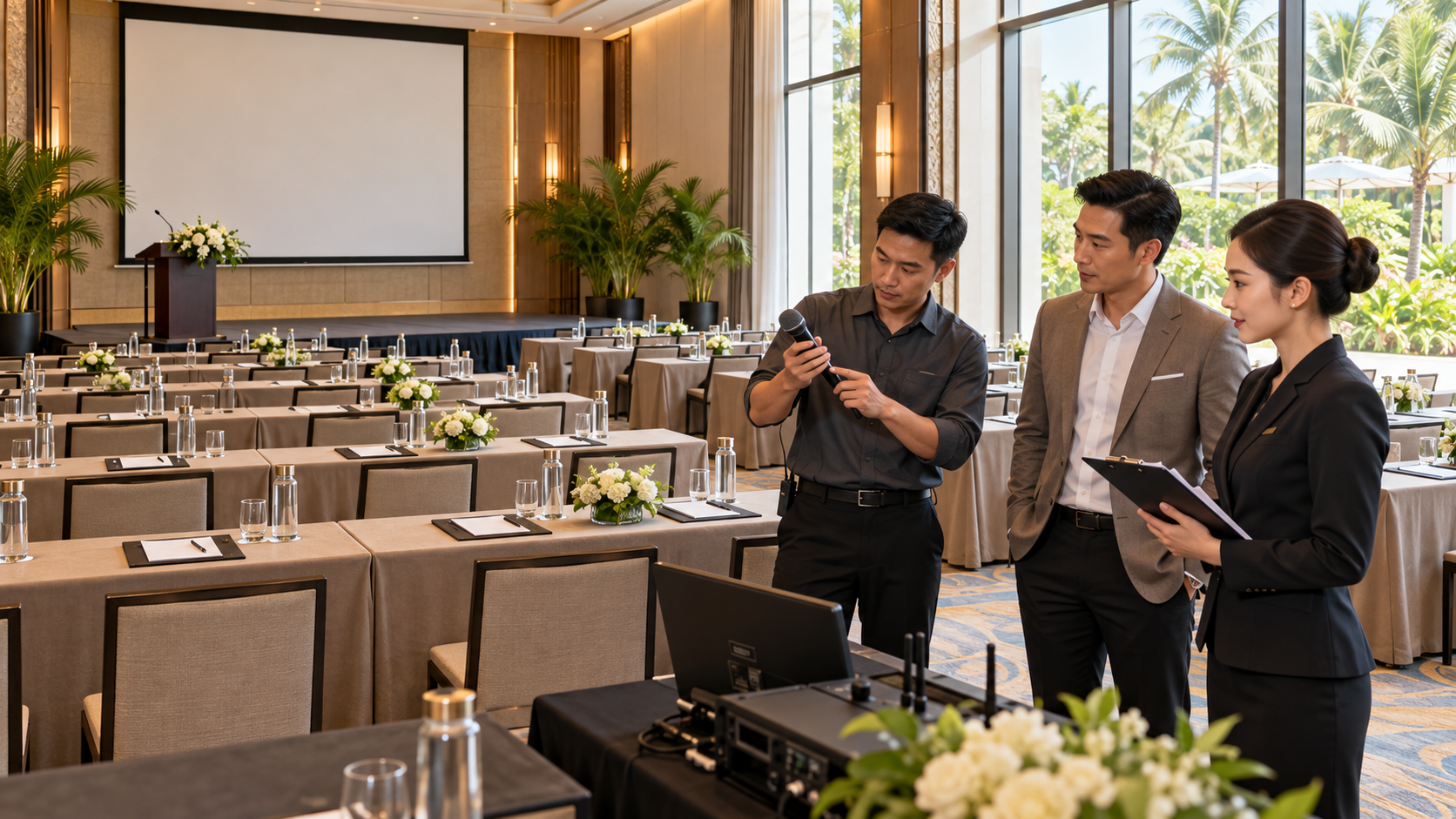 Đội ngũ sự kiện và kỹ thuật kiểm tra thiết bị, bố trí phòng hội nghị trước giờ đón khách.